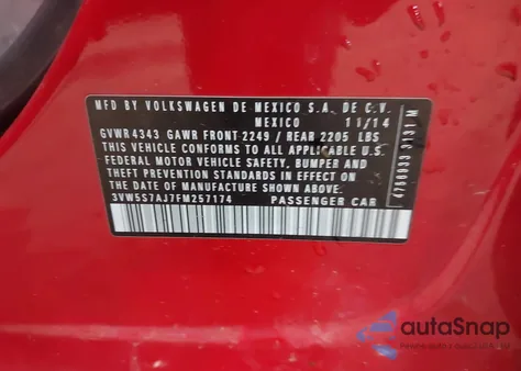 2015 Volkswagen Jetta 2.0T Gli Sel z USA, uszkodzony, nr VIN 3VW5S7AJ7FM257174